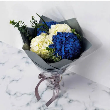 Monsoon Dream Bouquet, Blue Hydrangea, White Hydrangea, Eucalyptus, Pittosporum